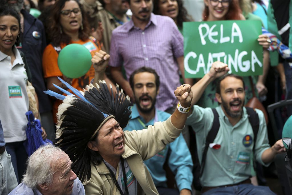 Representantes da sociedade civil, servidores públicos da área ambiental, ativistas e movimentos indígenas realizam ato em defesa da natureza e contra possíveis futuras políticas antiambientais, em frente ao Ministério do Meio Ambiente.