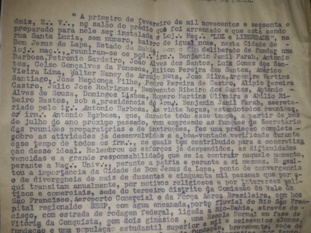 Arquivo da fundação da da Loja Maçônica Luz e Liberdade de Bom Jesus da Lapa.