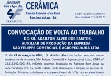CONVOCAÇÃO DE VOLTA AO TRABALHO DO SR. ADAILTON ALVES DOS SANTOS, AUXILIAR DE PRODUÇÃO DA EMPRESA SÃO FELIPPE COMERCIAL E AGROPECUÁRIA LTDA