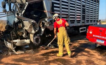 Dois caminhões que seguiam para carregar banana no Projeto Formoso se envolvem em acidente na BA-172; motorista fica preso às ferragens